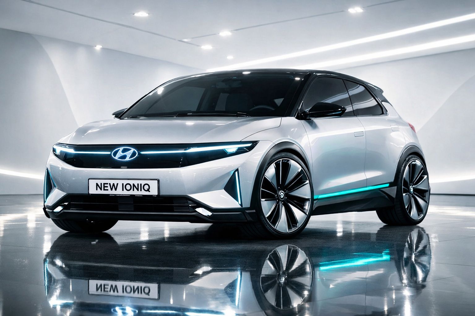 Carro elétrico Hyundai New Ioniq branco com design futurista num ambiente minimalista.