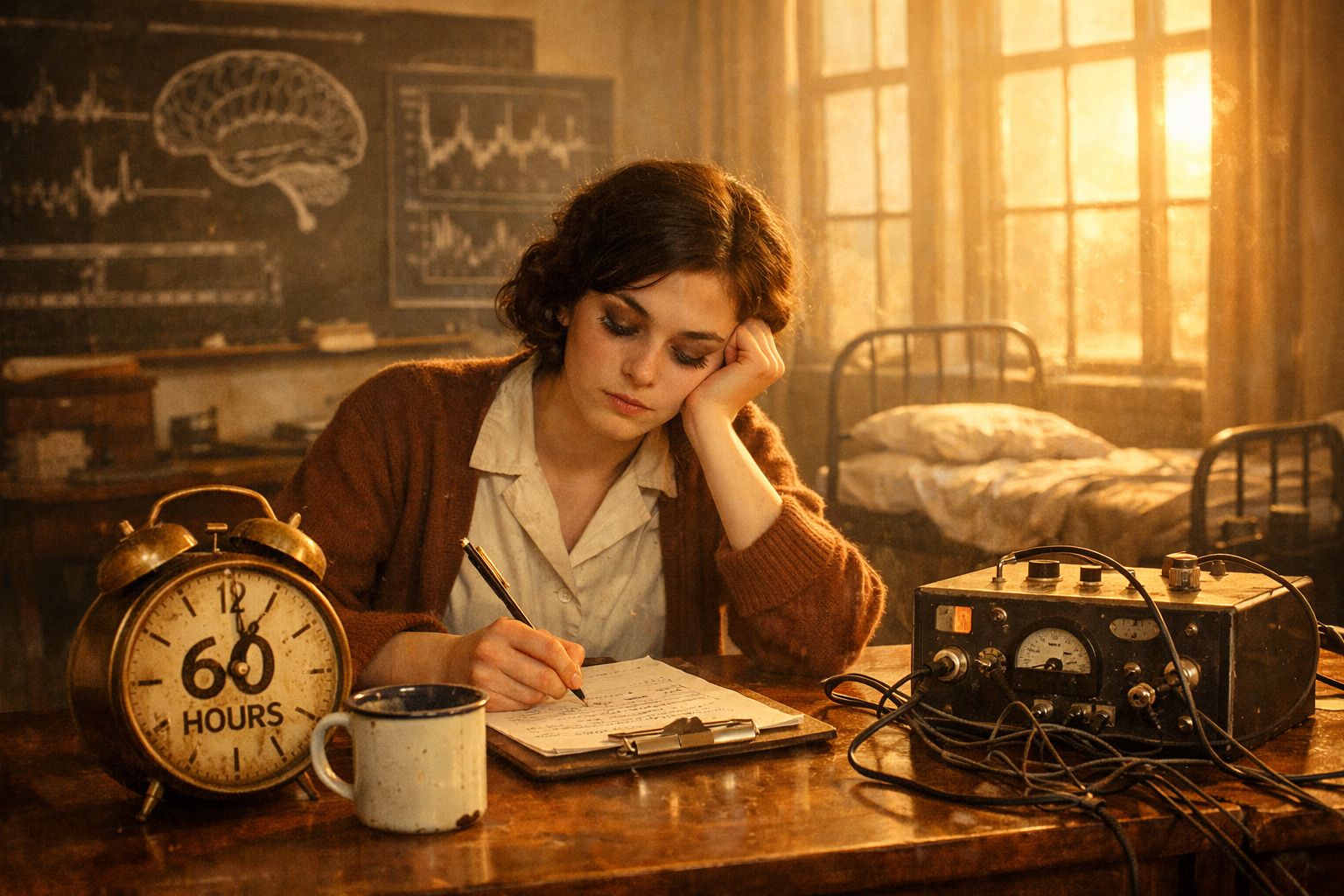 Mulher sentada a escrever em prancheta numa sala antiga com relógio, aparelho eletrónico e cama ao fundo.