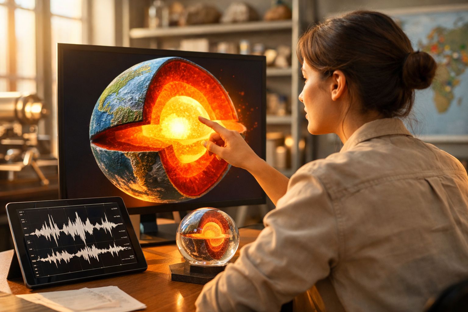 Mulher a estudar modelo digital do núcleo da Terra com gráficos sísmicos num tablet à sua frente.