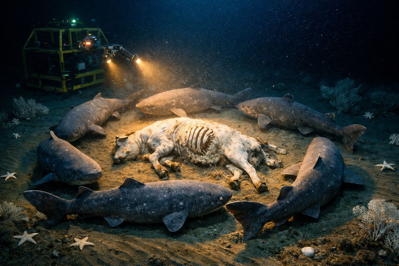 Robo subaquático ilumina carcaça de animal morto rodeada por seis tubarões no fundo do mar.