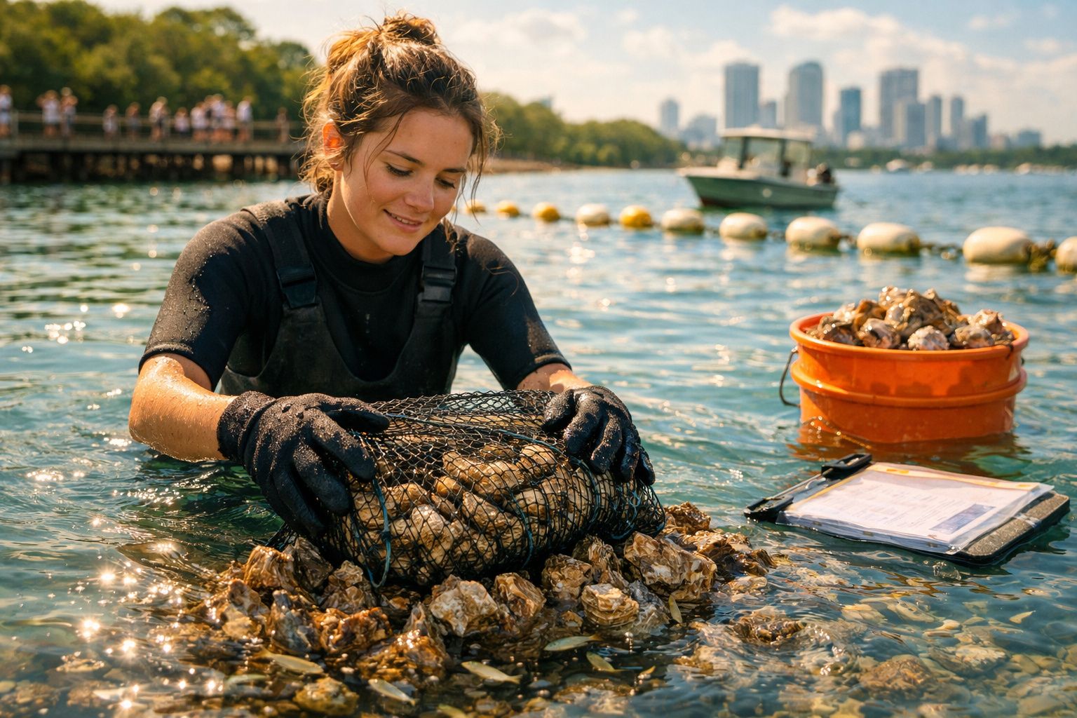 Mulher segura cesta com ostras na água, com balde e prancha de anotações ao lado, cidade ao fundo.