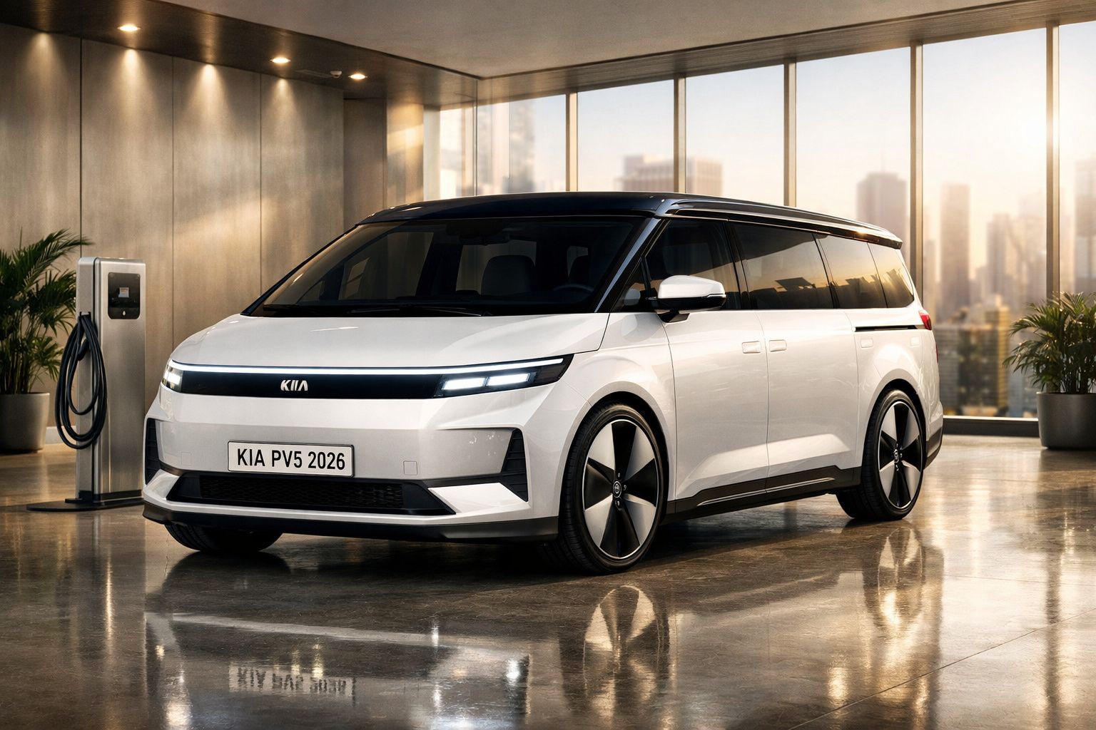 Carro elétrico branco Kia PV5 2026 estacionado em garagem moderna com carregador e janelas grandes.