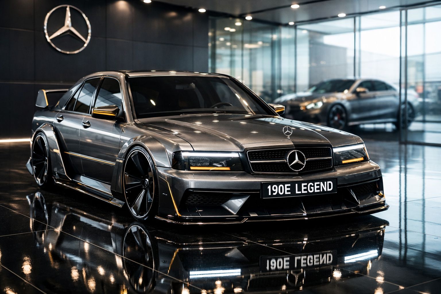 Mercedes-Benz 190E Legend cinzento metálico com detalhes em amarelo numa sala de exposição moderna.