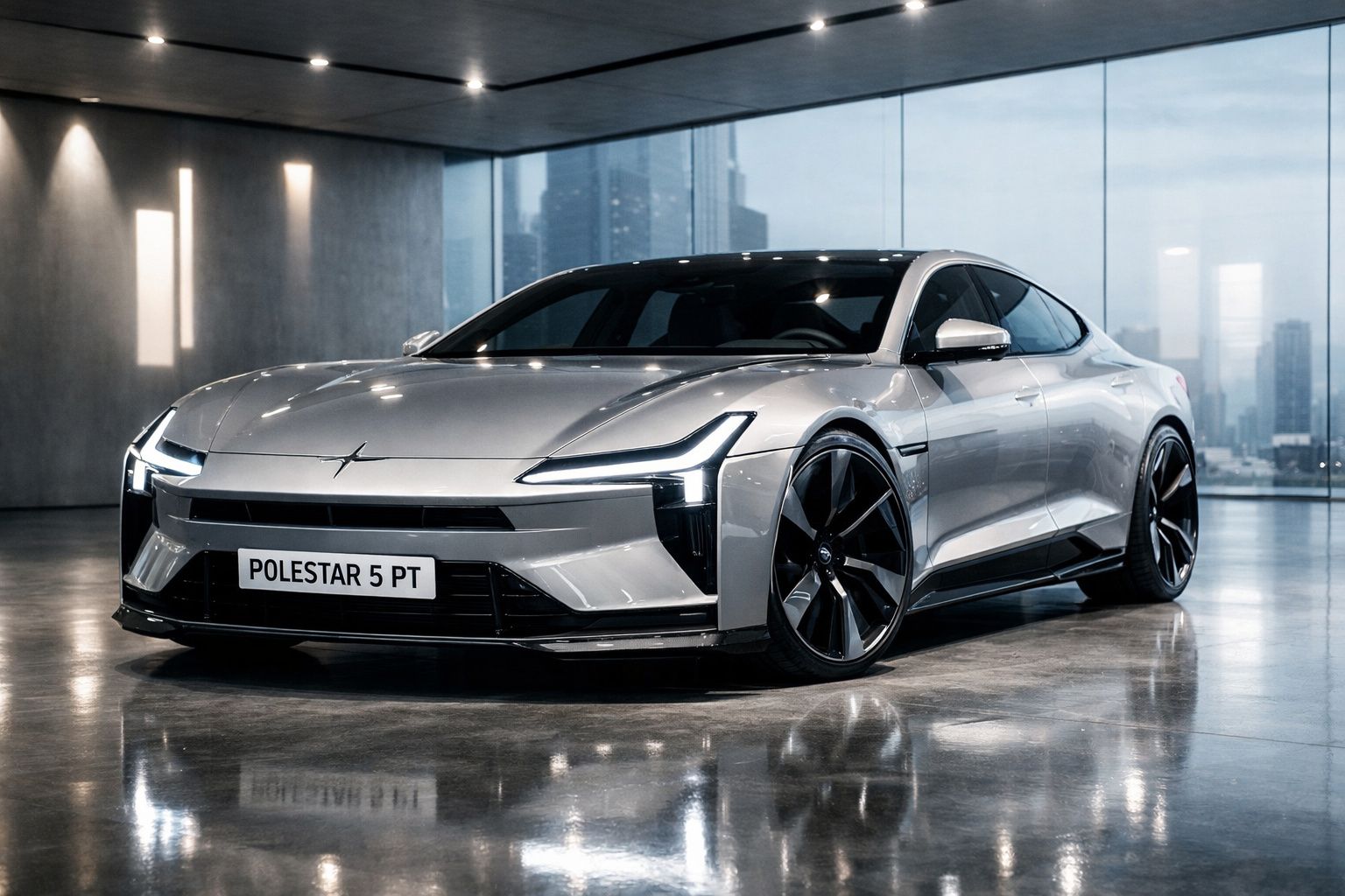 Carro elétrico Polestar 5 prateado estacionado num espaço moderno com janelas amplas e vista urbana.