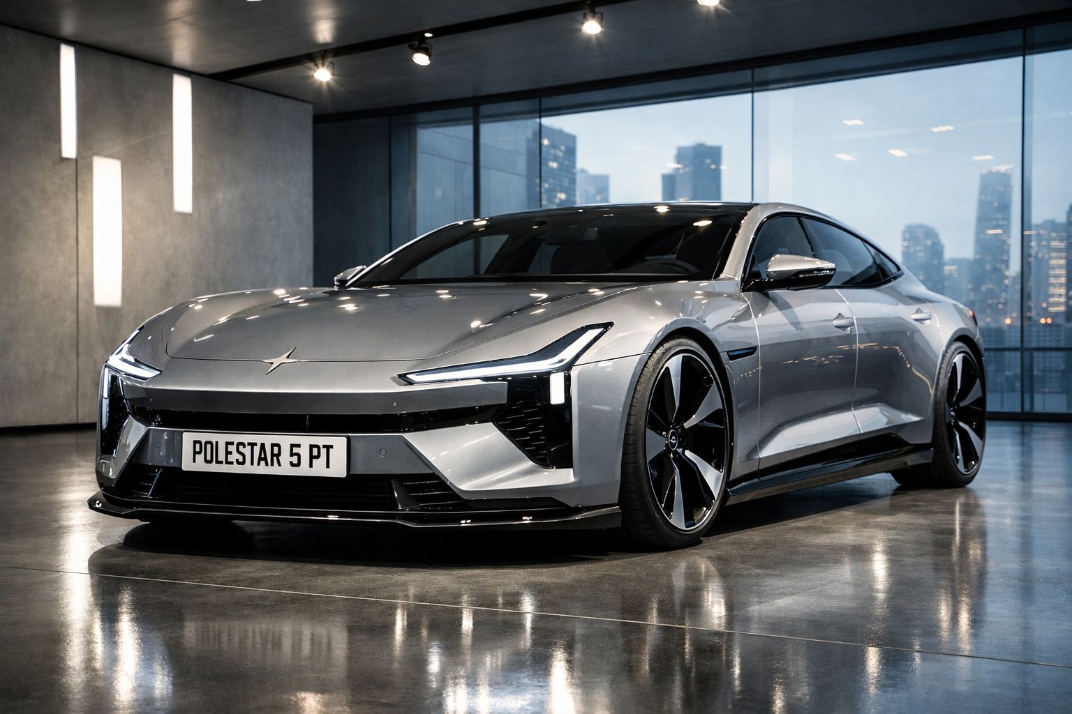 Carro elétrico Polestar 5 prata estacionado em interior moderno com janelas grandes e vista para cidade.