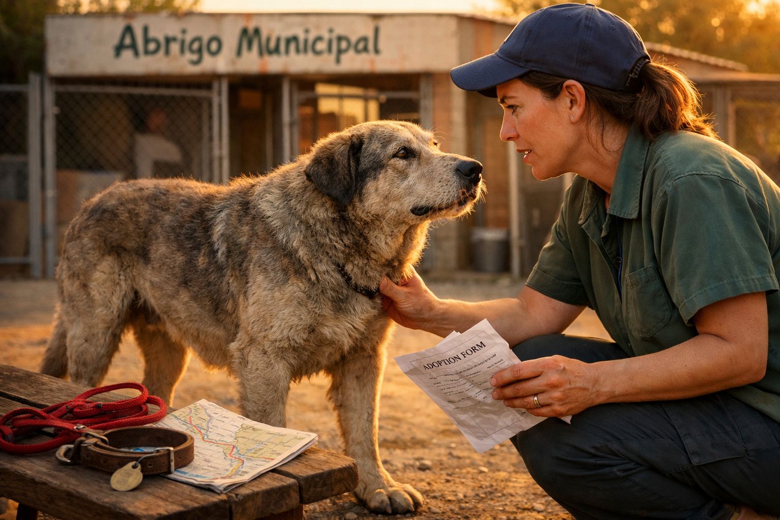 Mulher numa guarda de abrigo animal a olhar e tocar num cão grande, segurando um formulário de adoção.