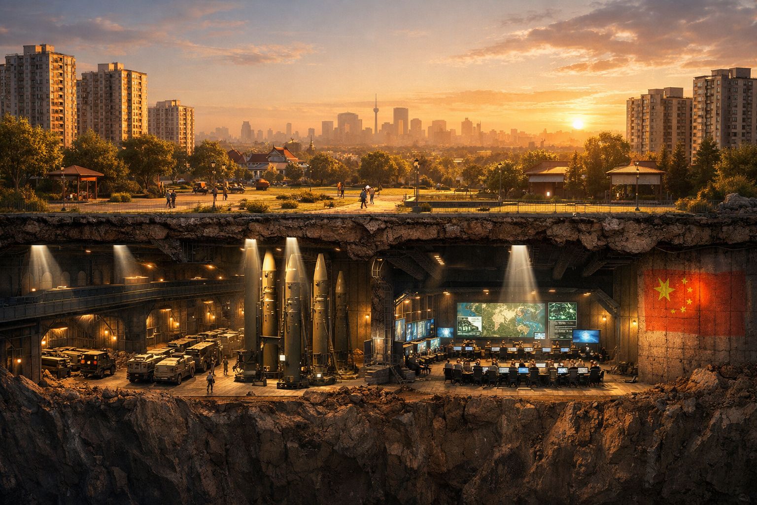 Base subterrânea militar chinesa com mísseis e centro de comando sob cidade ao pôr do sol.