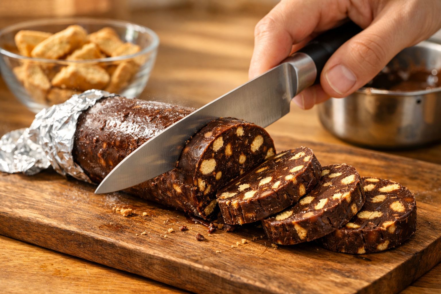 Pessoa a cortar salame de chocolate com bolacha sobre tábua de madeira numa cozinha.