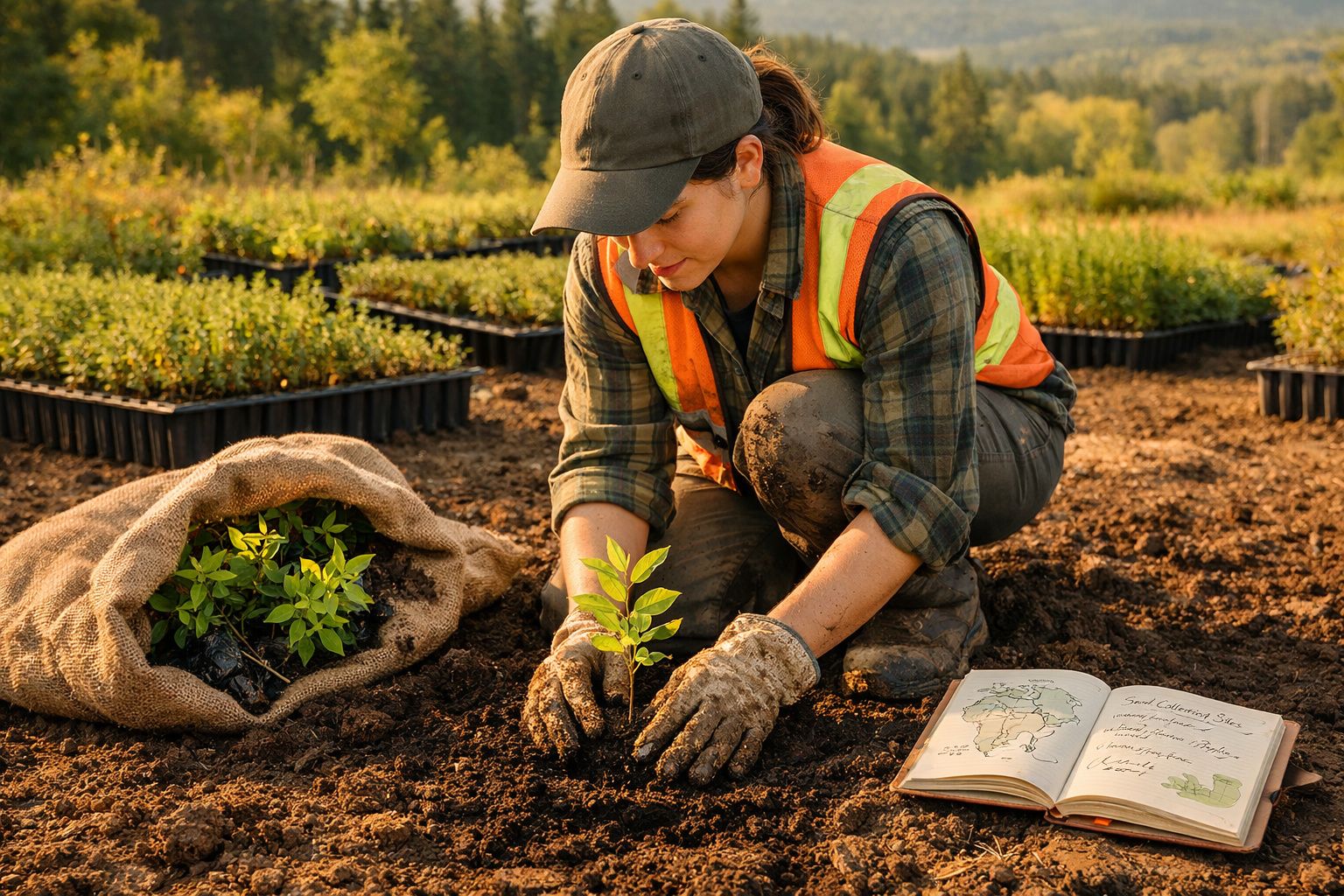 Mulher a plantar uma pequena árvore num campo, com luvas, roupa de trabalho e livro aberto ao lado.