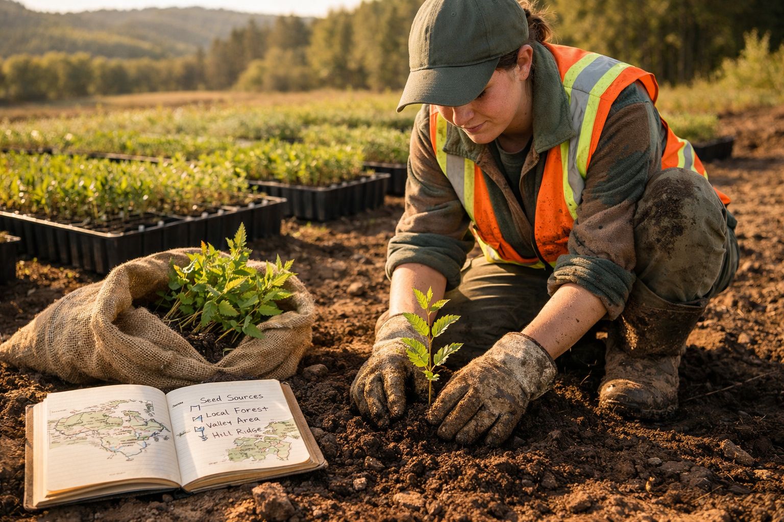 Mulher a plantar muda no solo, com luvas e colete refletor, junto a sacos e caderno de anotações no campo.