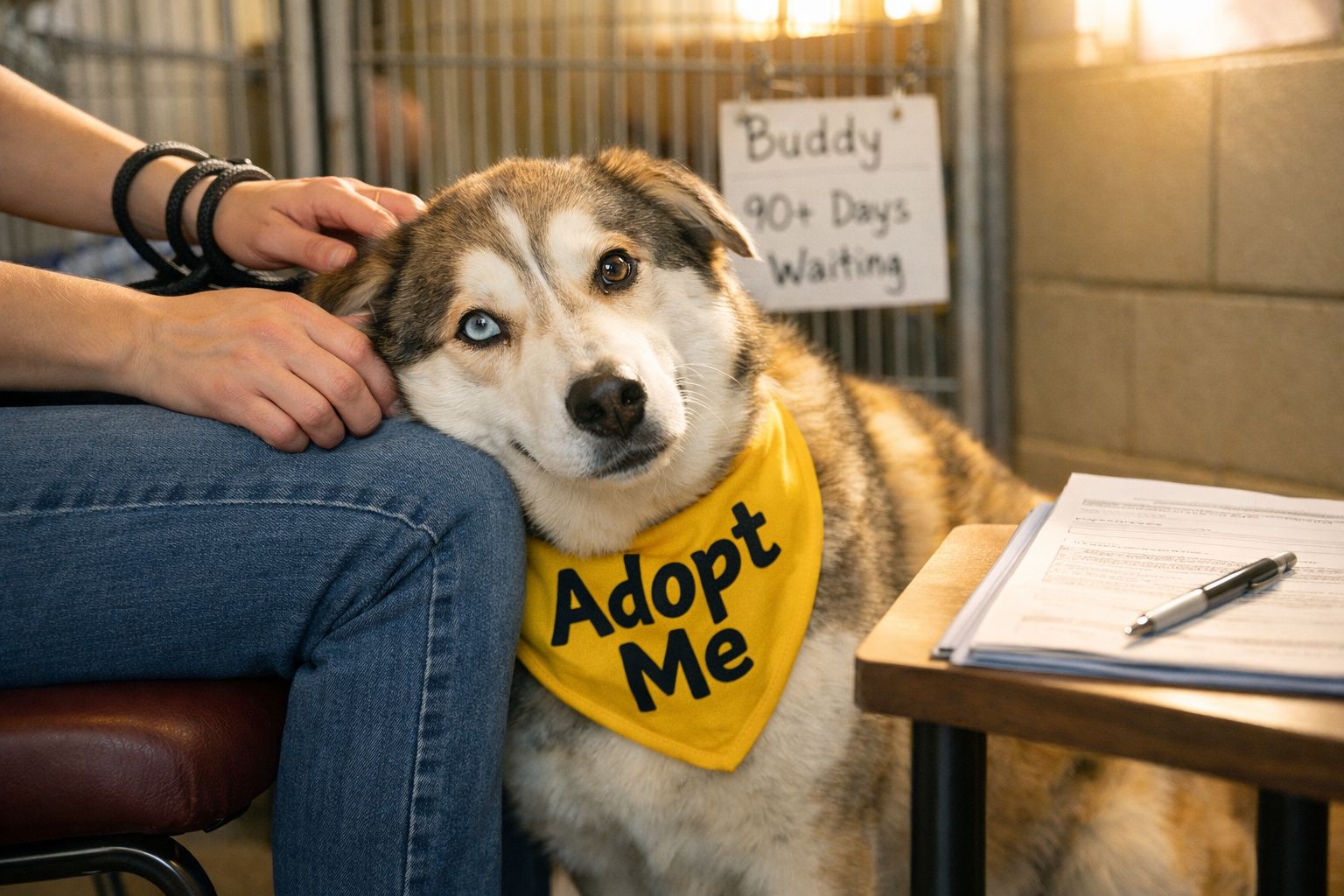 Cão com olhos de cores diferentes apoia a cabeça na perna de pessoa, usa lenço amarelo com "Adopt Me".