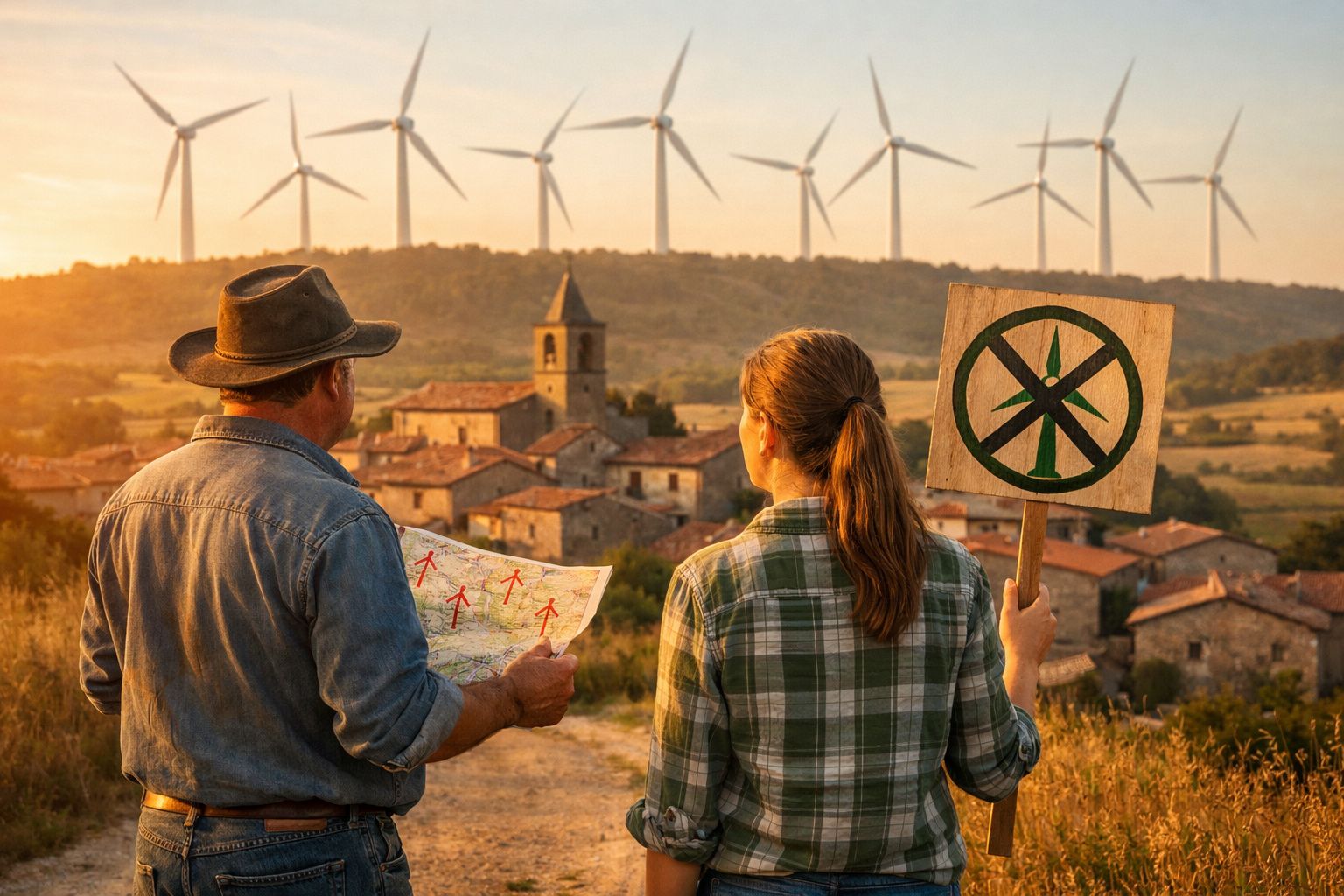 Duas pessoas de costas, uma com mapa, outra com placa contra turbinas eólicas, aldeia e múltiplas turbinas ao fundo.