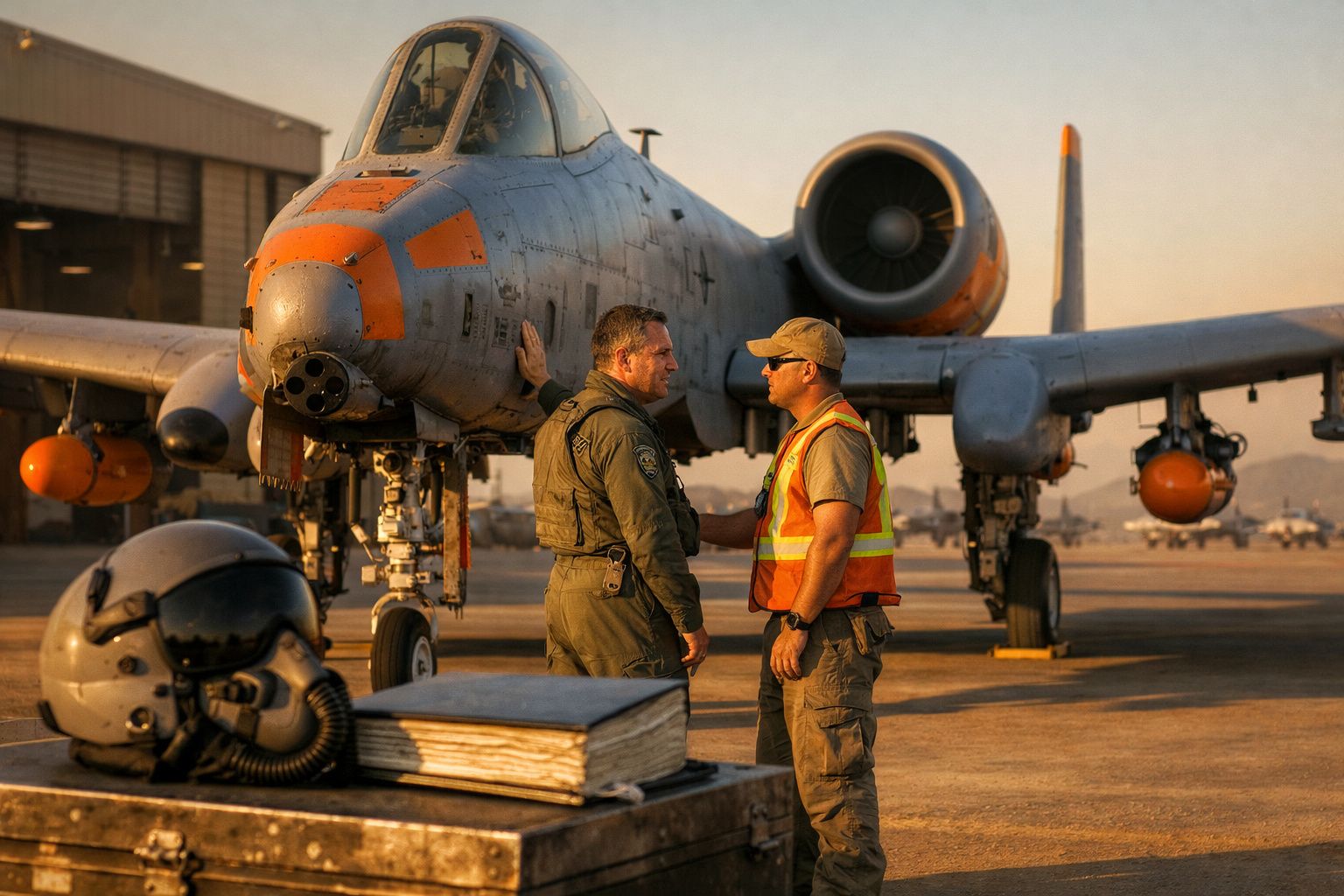 Dois homens em uniforme militar junto a um avião de ataque A-10 em hangar ao pôr do sol.