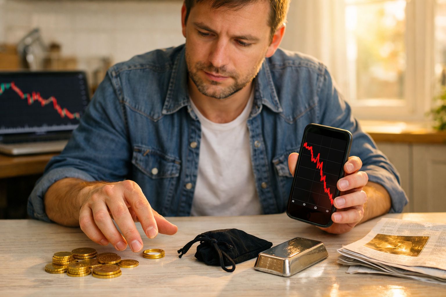 Homem preocupado mostra gráfico em queda no telemóvel enquanto conta moedas junto a lingote e jornal.