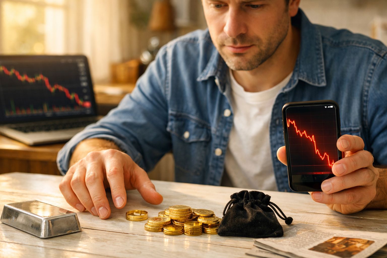 Homem mostra gráfico em declínio no telemóvel, com moedas douradas e barra de prata sobre a mesa à frente.