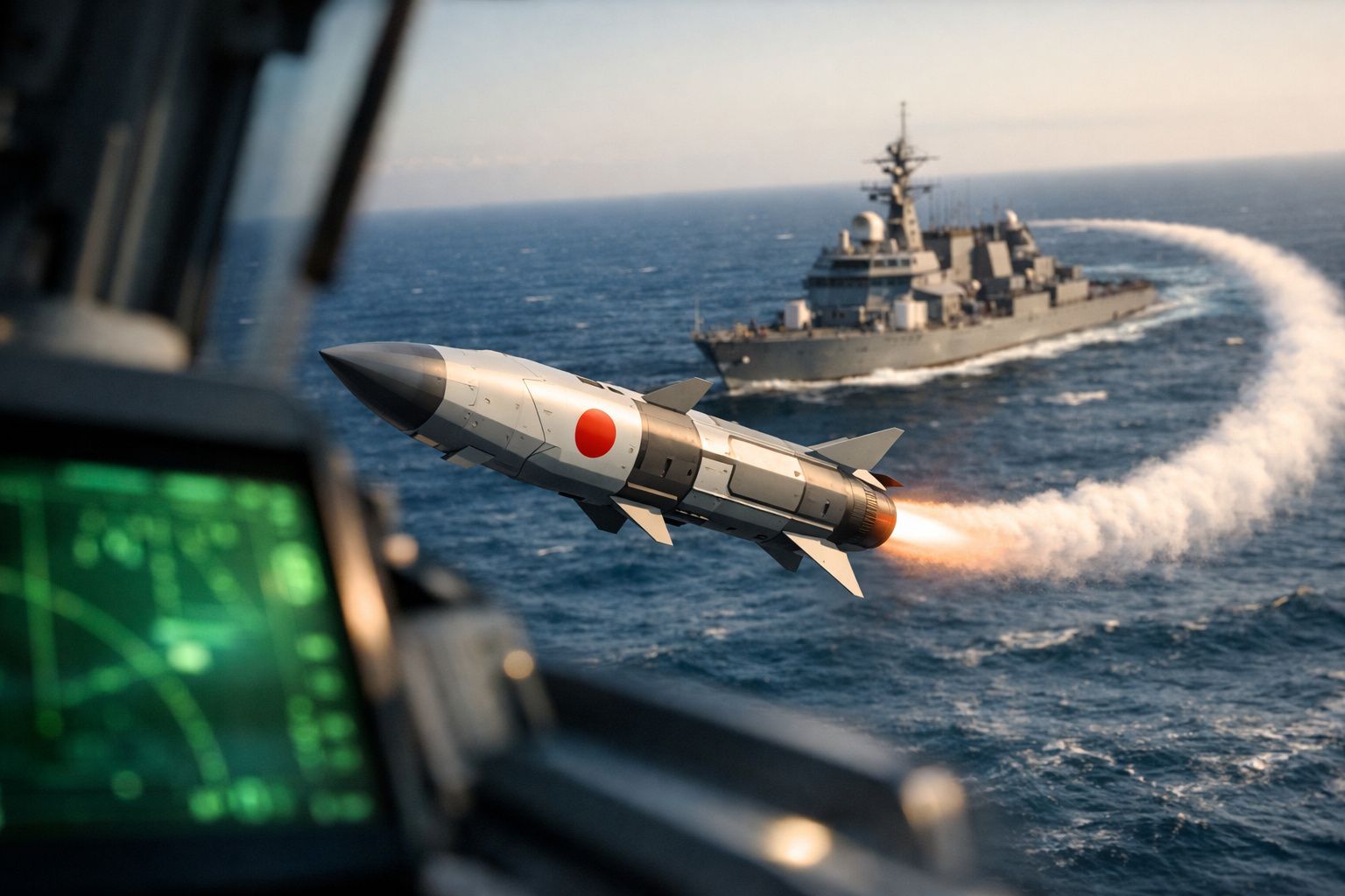 Míssil lançado do cockpit de avião em direção a navio militar no mar com rasto de fumo.