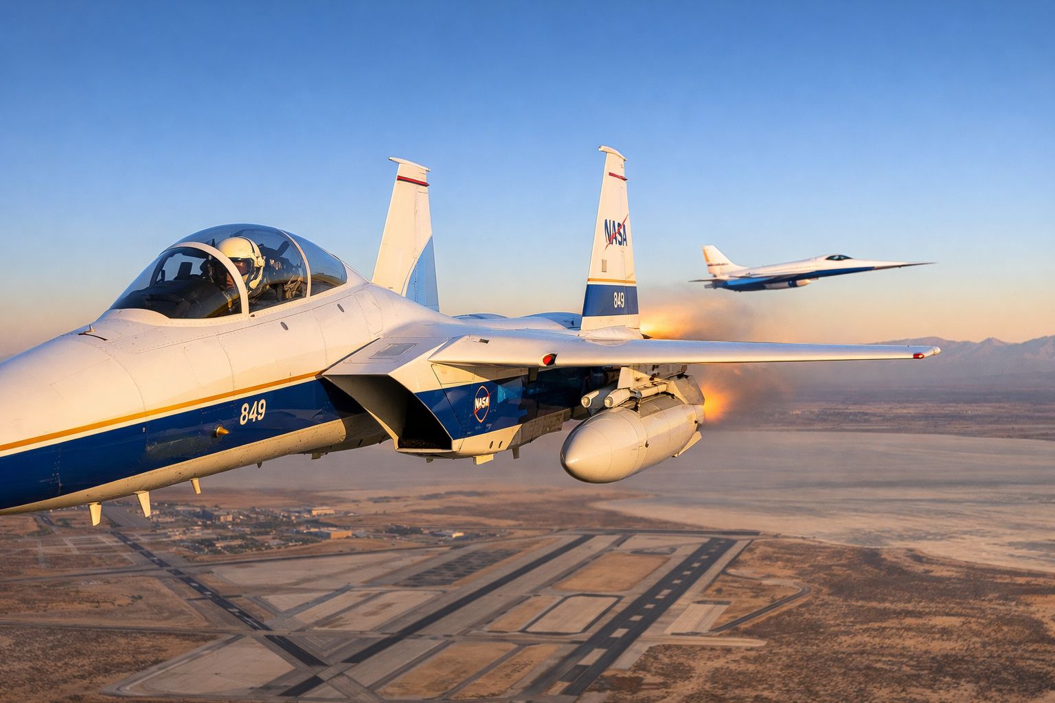 Avião da NASA em voo próximo ao solo com outro avião ao fundo e paisagem desértica ao pôr do sol.