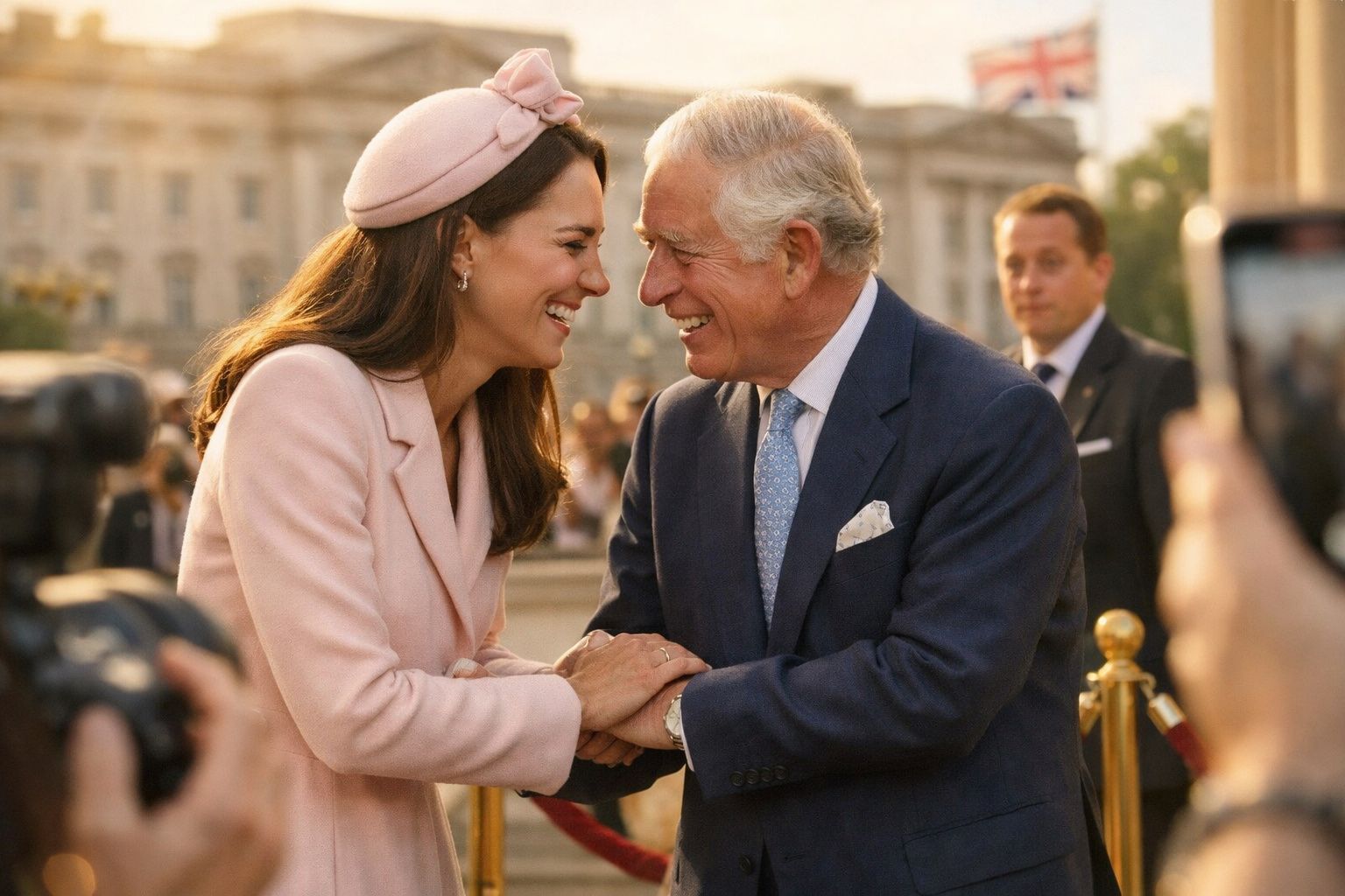 Dois adultos sorrindo e cumprimentando-se em evento público ao ar livre, pessoas e câmaras ao fundo.