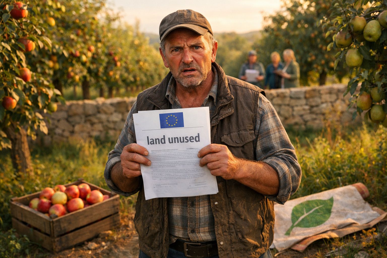 Homem preocupado num pomar segurando papel com aviso "land unused" e mala atrás com maçãs.