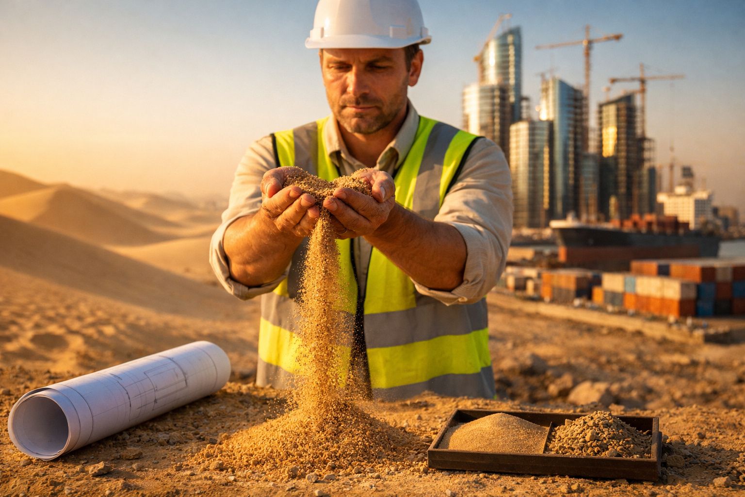 Engenheiro com colete e capacete analisa areia num canteiro de obra em área desértica com prédios ao fundo.