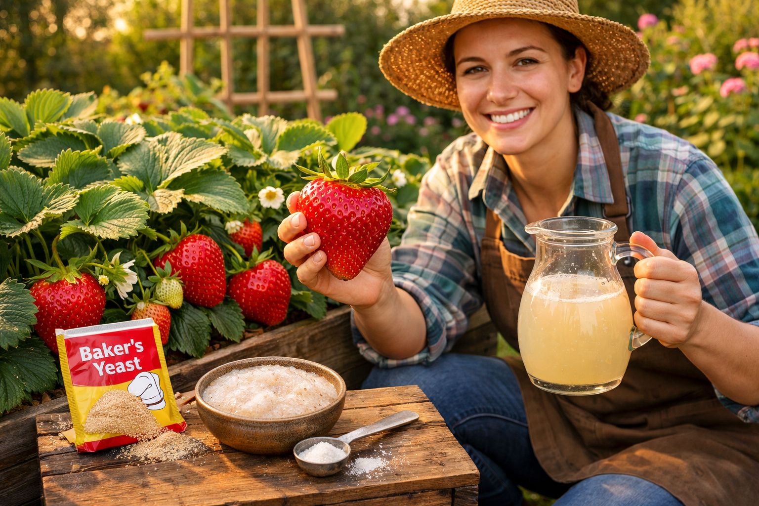 Mulher com chapéu sorridente segura morango gigante e jarra, sentada junto a plantas de morango e ingredientes de cozinha.