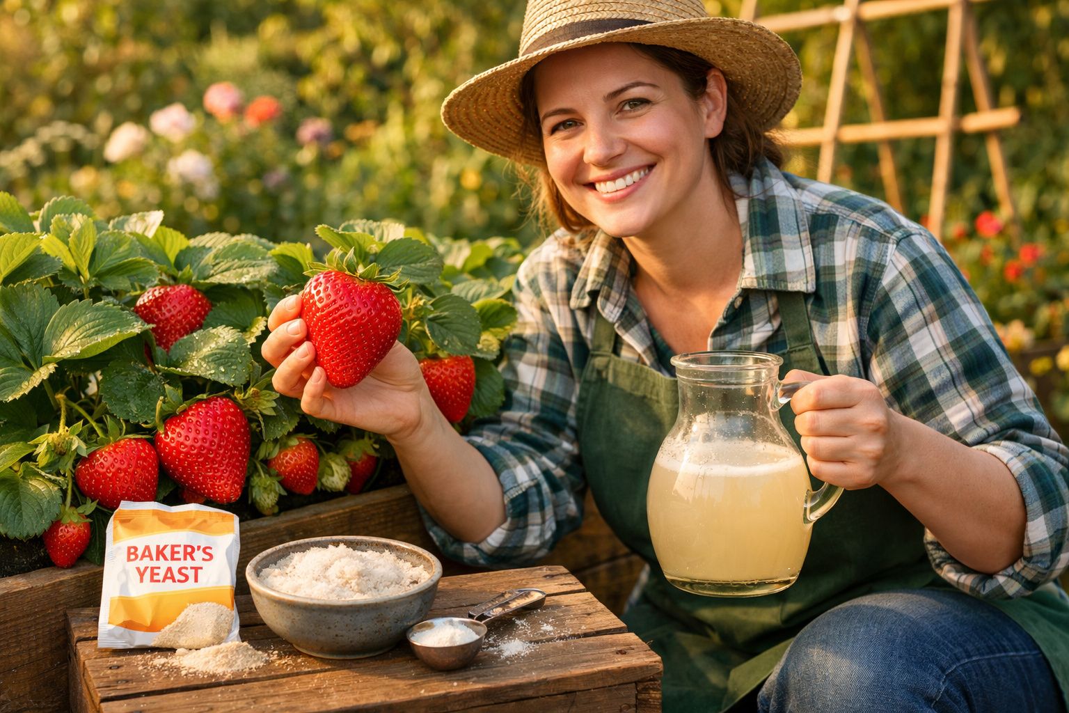 Mulher com chapéu colhe morangos e segura jarra de líquido ao lado de ingredientes para receita.