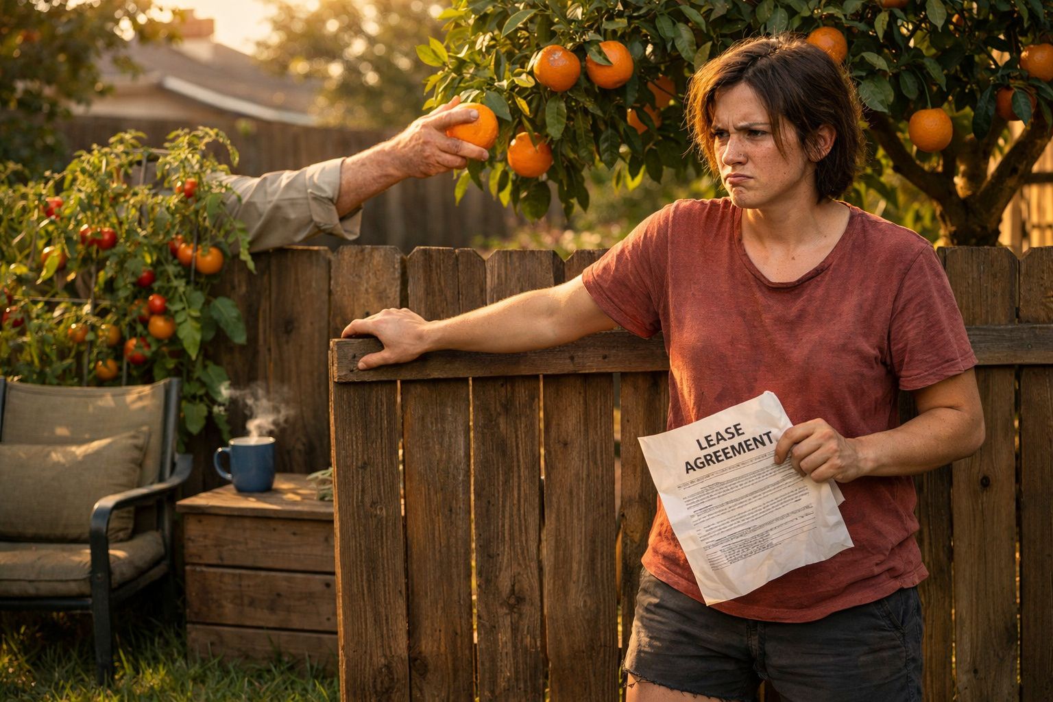 Mulher com expressão preocupada segura contrato junto a cerca de madeira, enquanto mão estende laranja por cima da cerca.