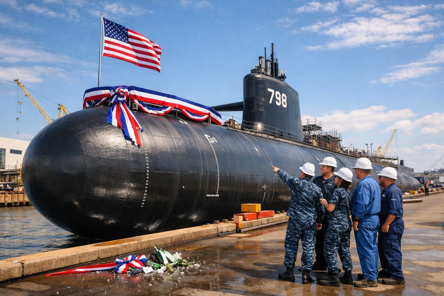 Submarino militar dos EUA atracado, com tripulação em uniforme azul e bandeira americana hasteada.