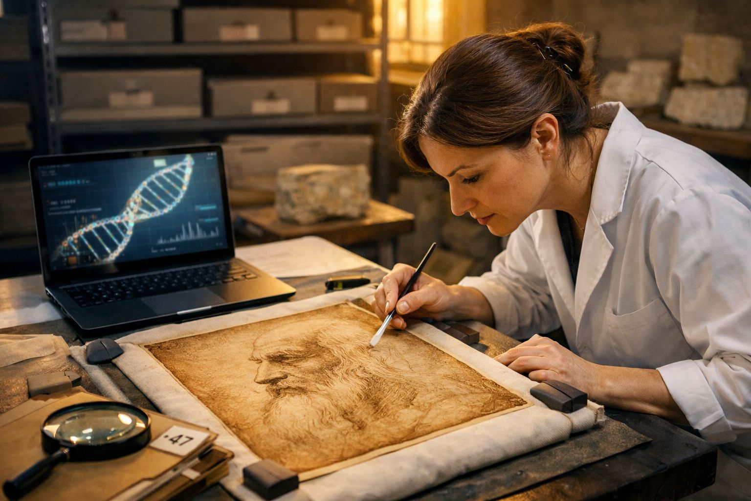 Mulher cientista em laboratório a restaurar um retrato antigo com imagem de DNA no computador ao fundo.