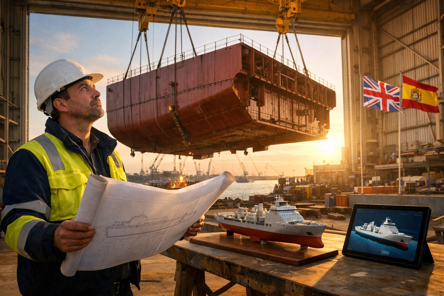 Homem com capacete e colete reflector a analisar planta de navio num estaleiro naval ao pôr do sol.