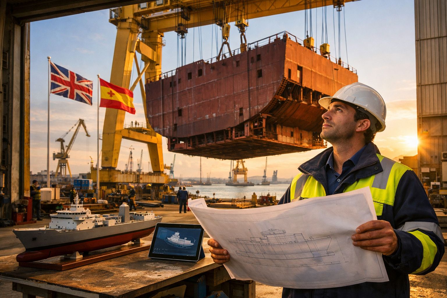 Homem com capacete e colete refletor a analisar plantas junto a maquete de navio num estaleiro naval ao pôr do sol.