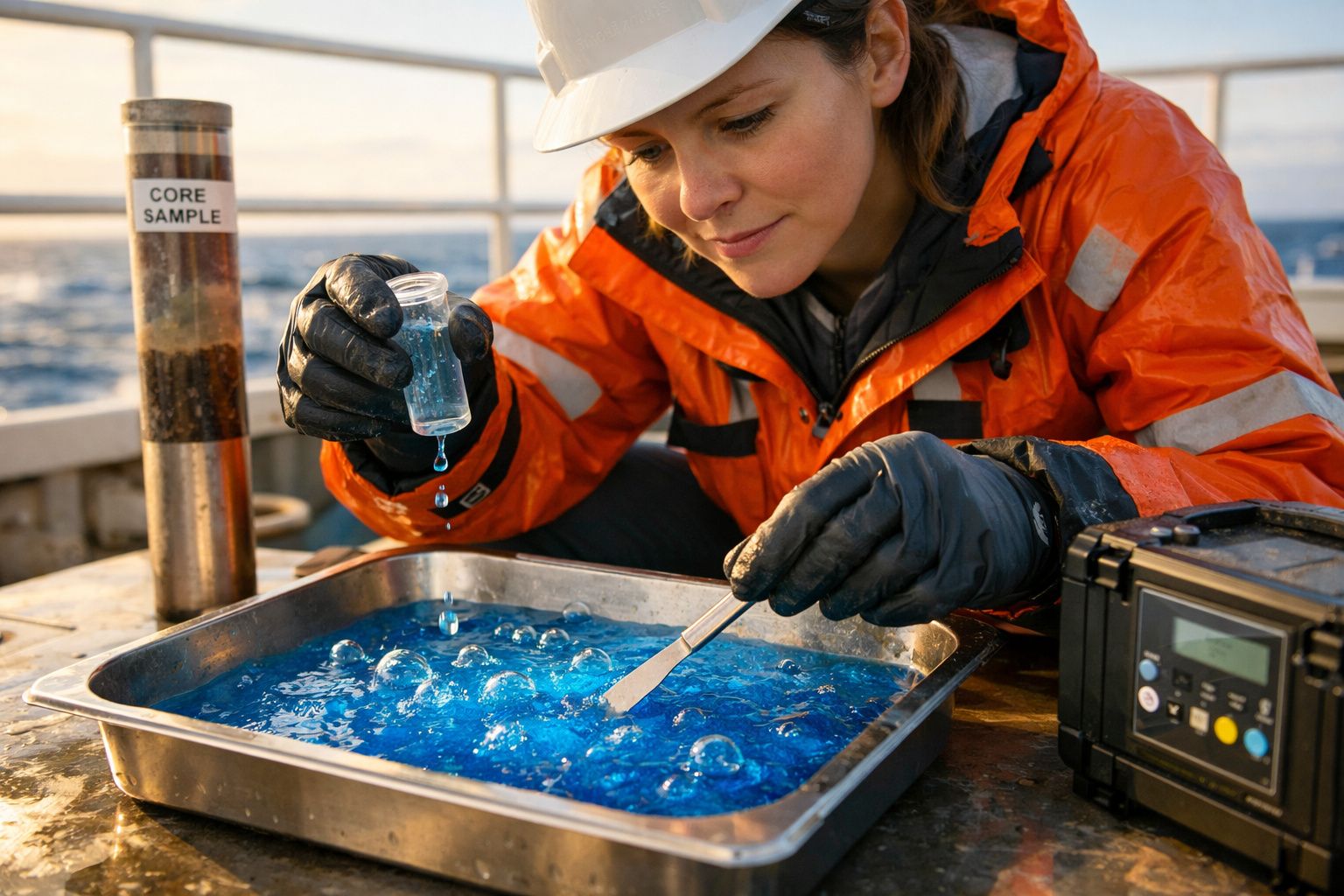 Mulher cientista com colete e capacete analisa amostras de líquido azul borbulhante num laboratório de campo no mar.