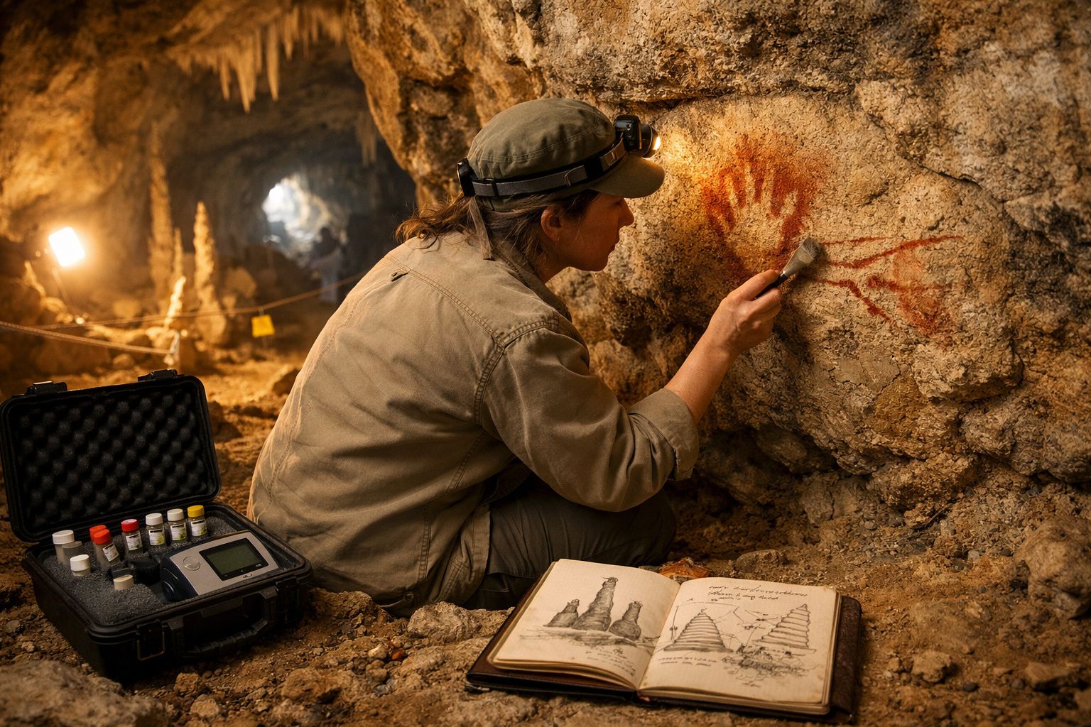 Arqueóloga com lanterna de cabeça examina pintura rupestre de mão vermelha numa caverna com estojos e caderno.