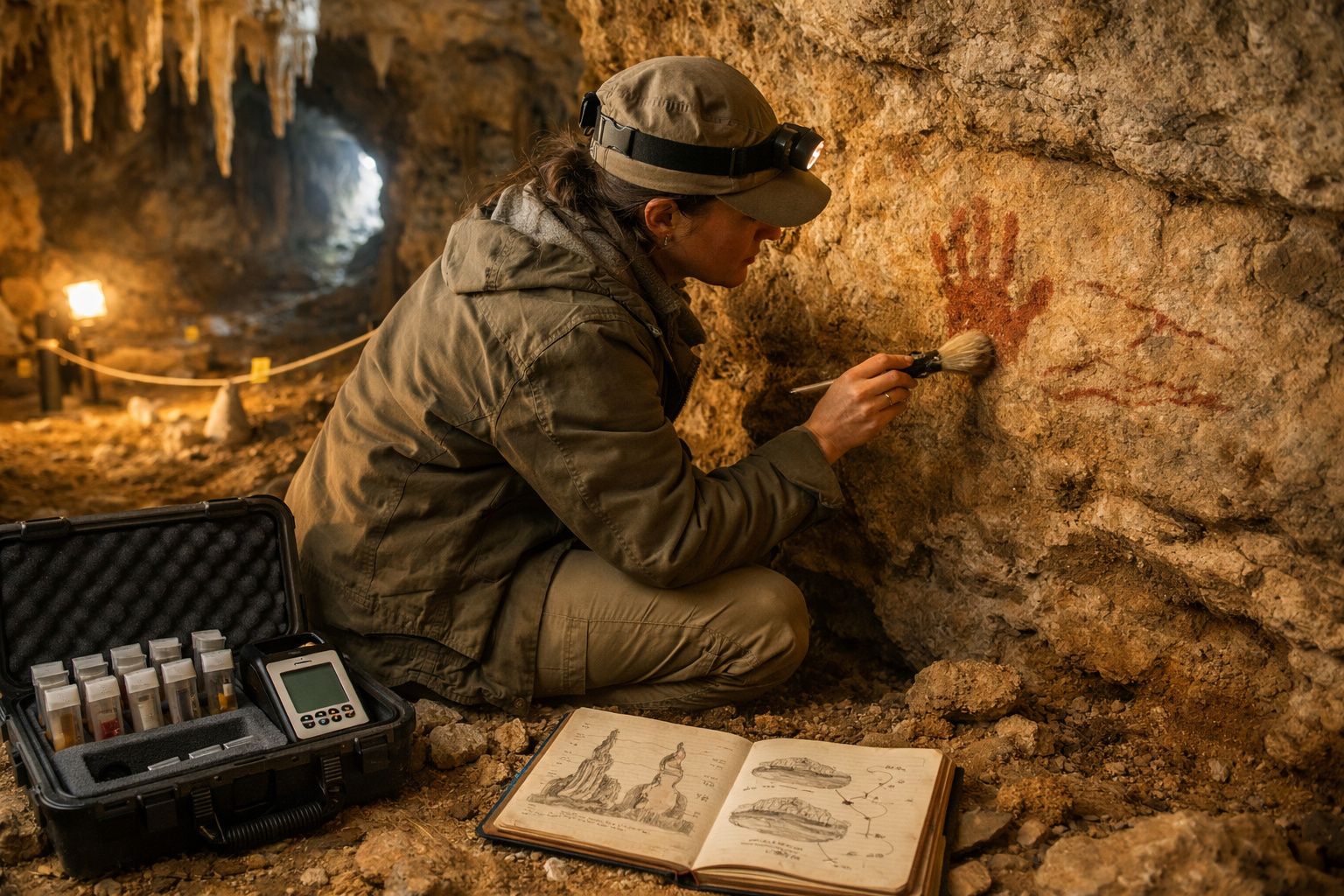 Arqueóloga numa caverna a estudar pinturas rupestres com equipamento e livros abertos no chão.