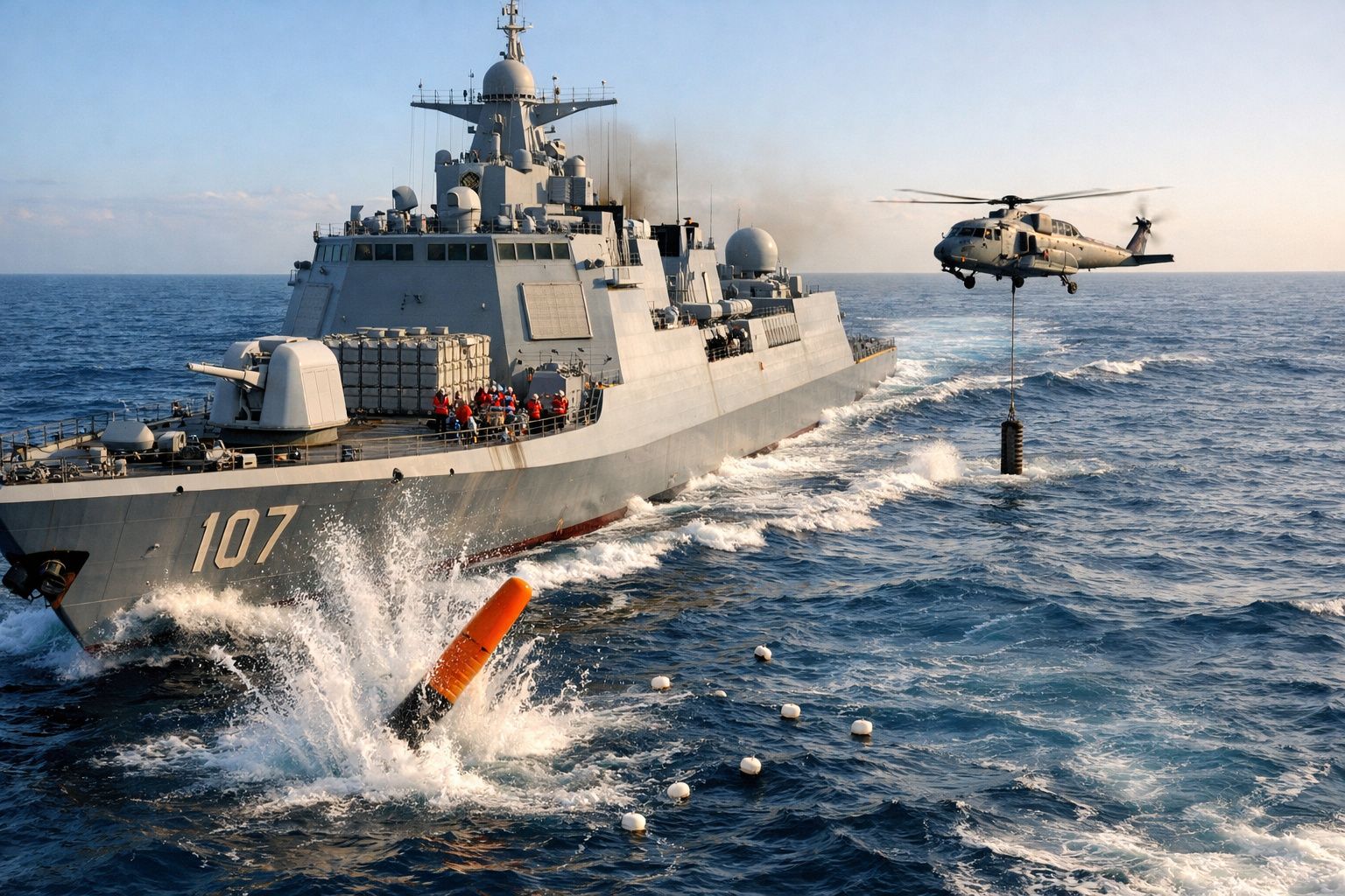 Cruzador naval 107 em alto mar com helicóptero a transportar carga pela corda sobre a água.