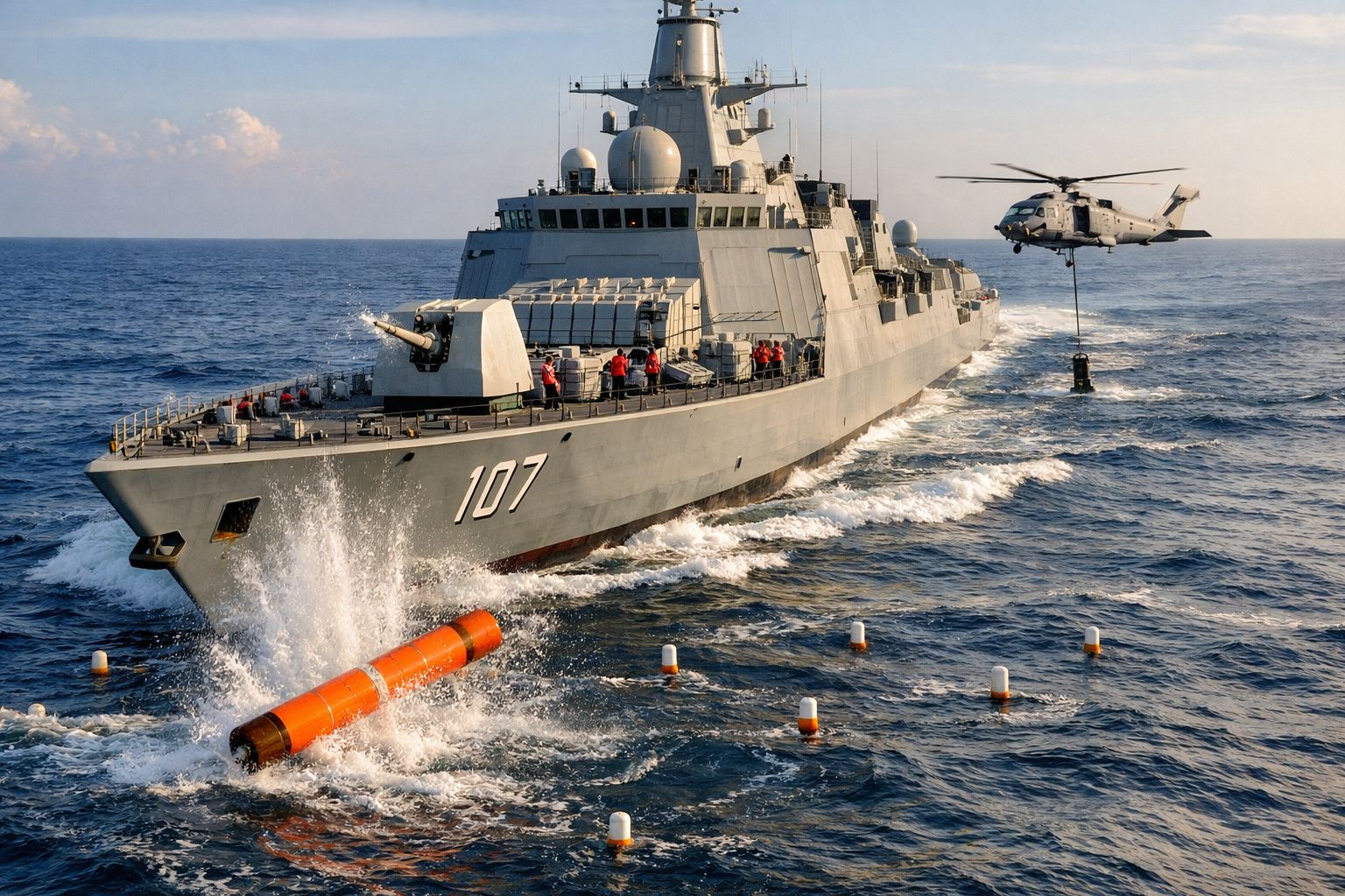Navio militar com número 107 lança boia laranja no mar, com helicóptero a transportar equipamento próximo.