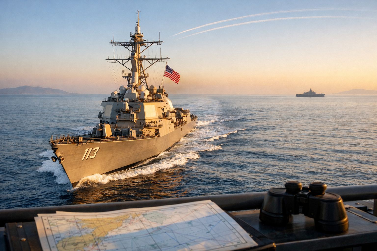 Destruidor naval dos EUA a navegar ao pôr do sol com bandeira americana e outro navio ao longe no mar calmo.