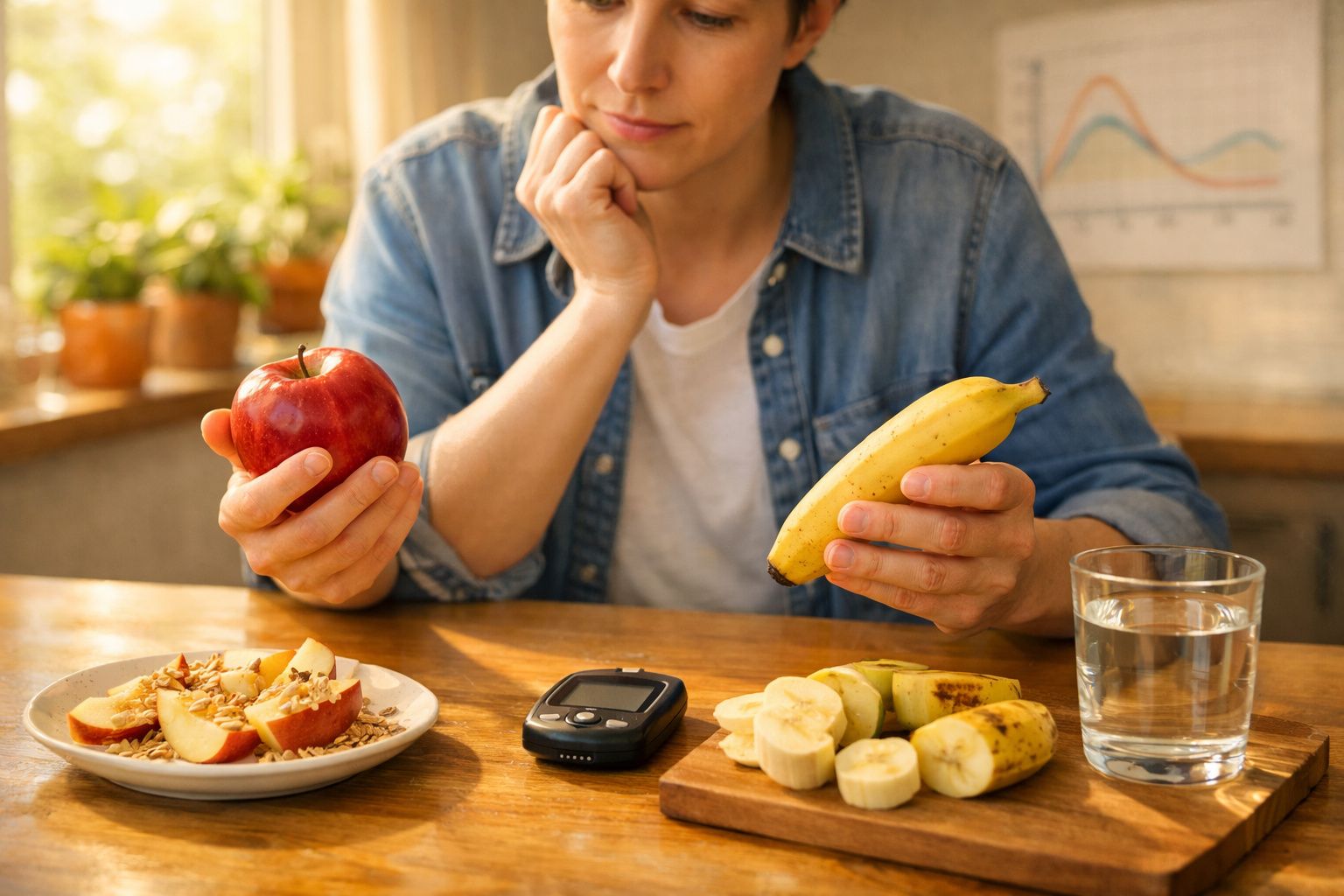 Pessoa a escolher entre maçã e banana, com medidor de glicose e alimentos cortados numa mesa.