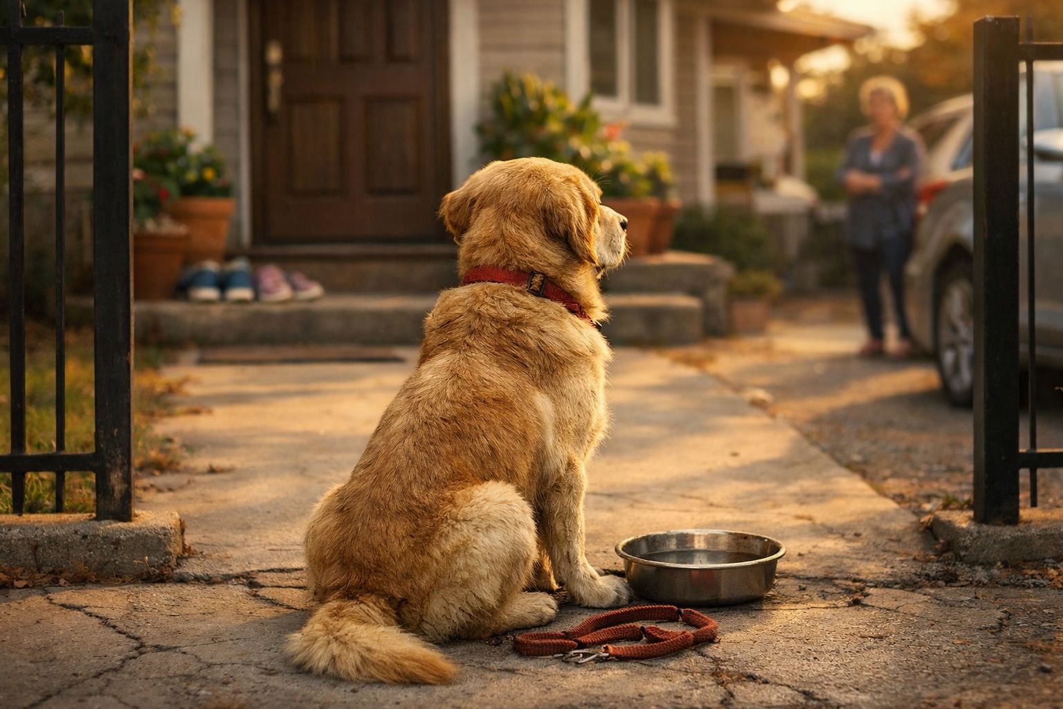 Cão castanho sentado na calçada de uma casa, com uma tigela de água e uma trela no chão, olhando para uma pessoa.