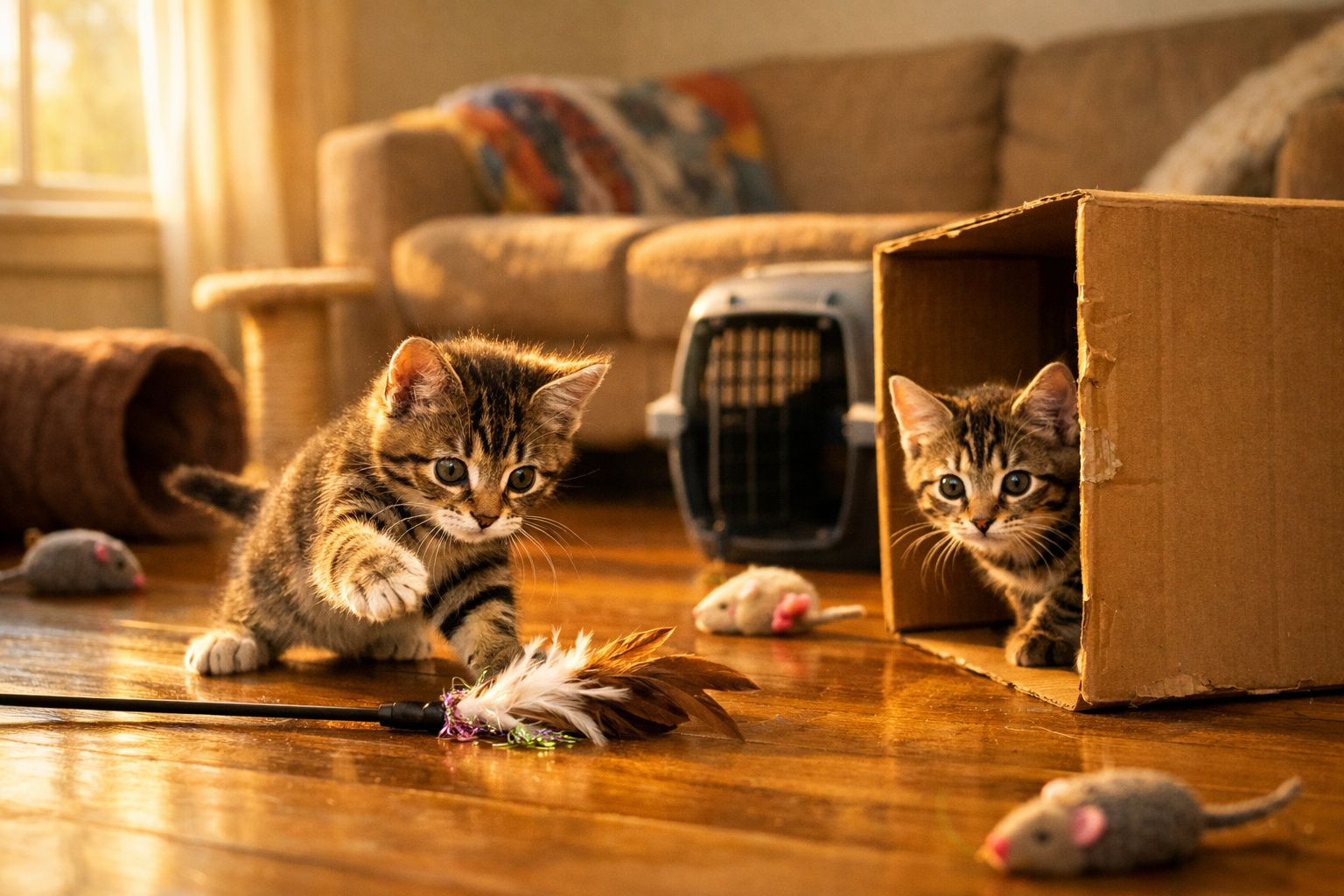 Dois gatinhos às riscas brincam com brinquedos num chão de madeira, numa sala iluminada e acolhedora.