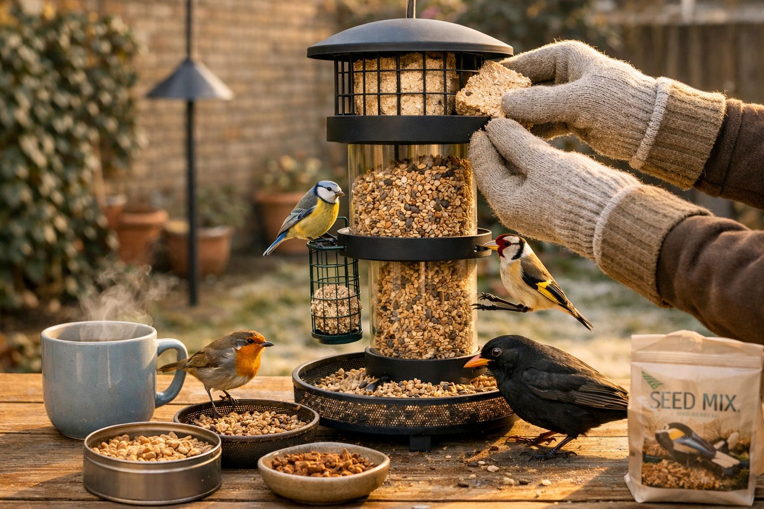 Alimentador de pássaros cheio de sementes com várias espécies de pássaros e mãos a colocar pão.