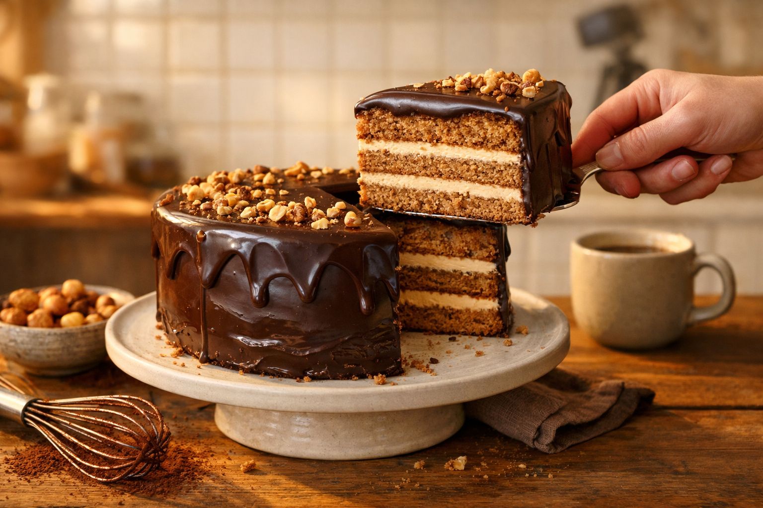 Bolo de chocolate com cobertura e nozes, com uma fatia a ser retirada, em base de bolo e fundo rústico.