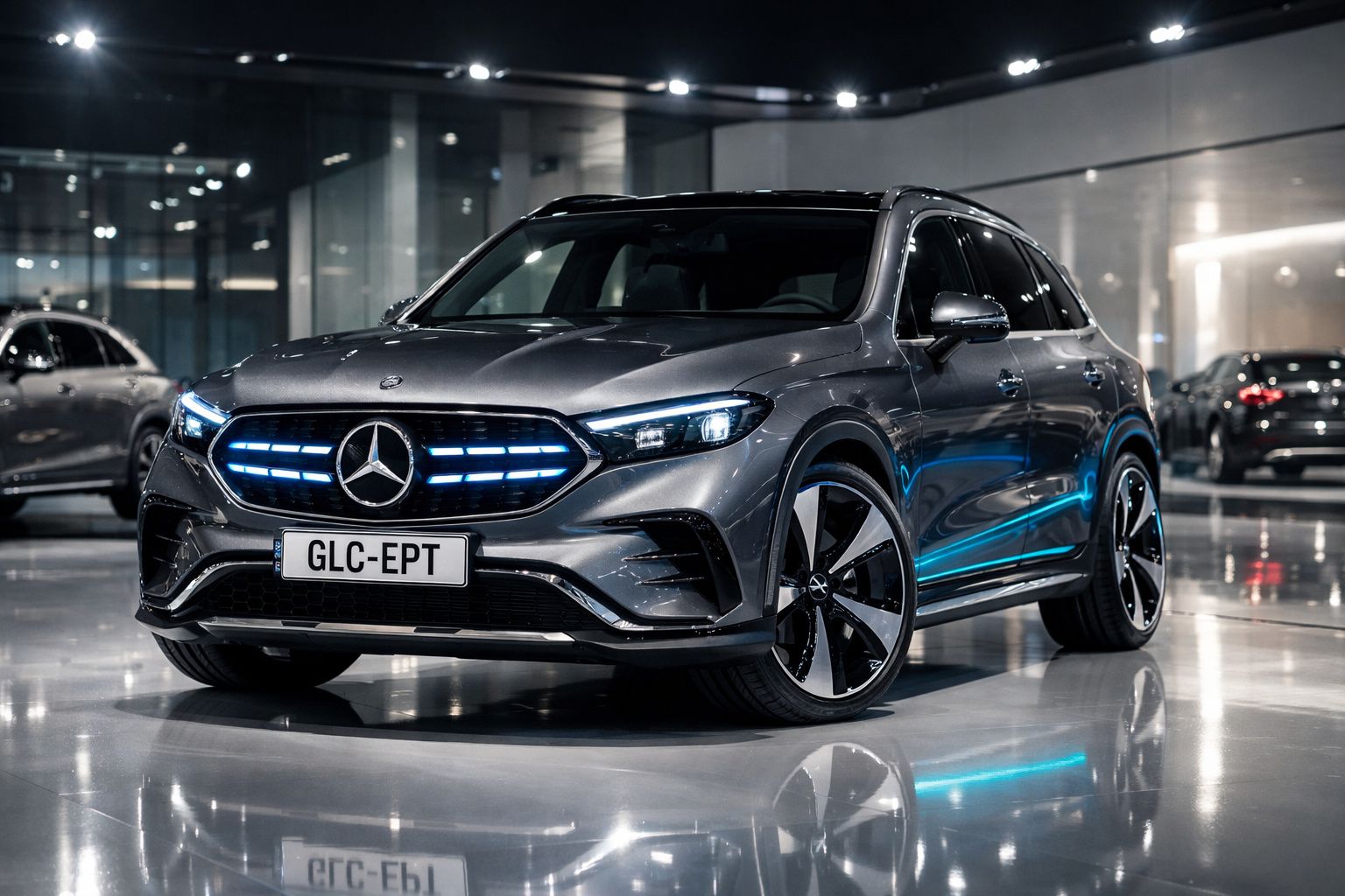 Carro SUV elétrico Mercedes-Benz cinzento estacionado em showroom moderno com luzes LED acesas.