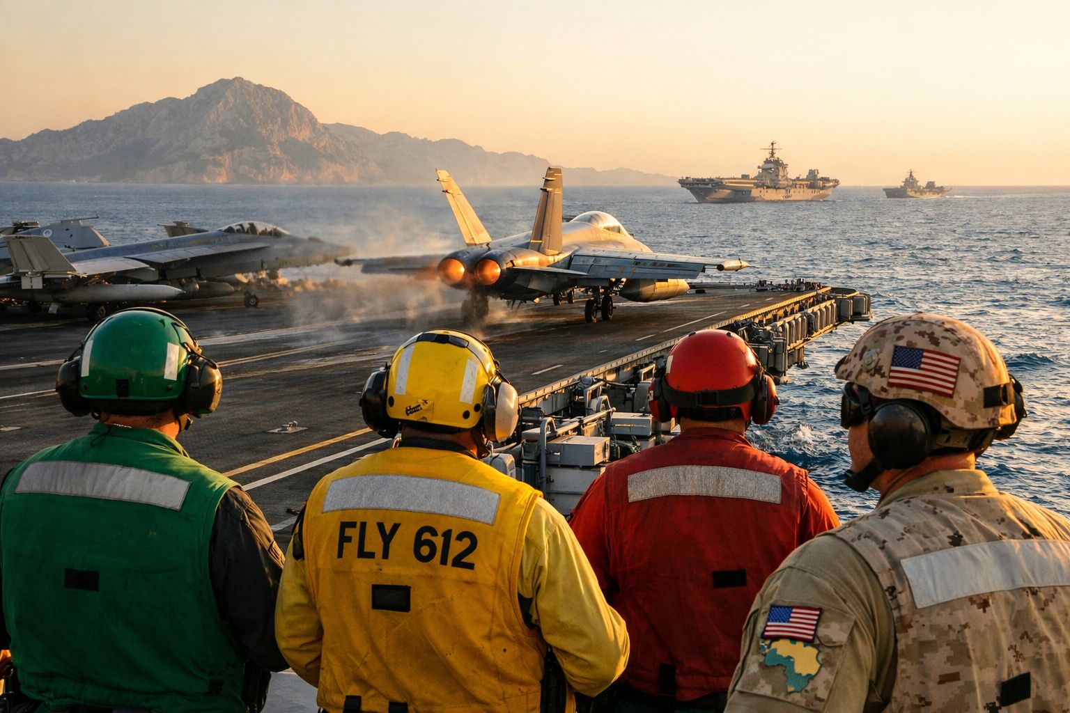 Quatro militares observam jato a descolar de porta-aviões no mar com montanha ao fundo ao pôr do sol.