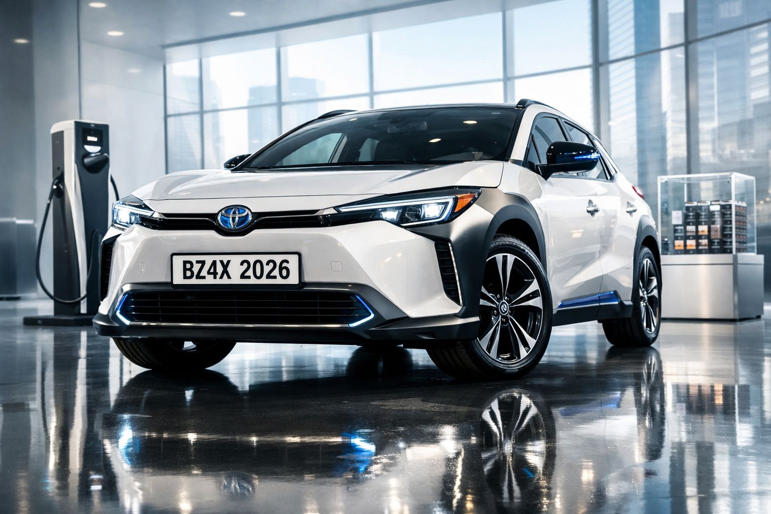 Carro elétrico Toyota BZ4X branco estacionado junto a um posto de carregamento em ambiente interior.