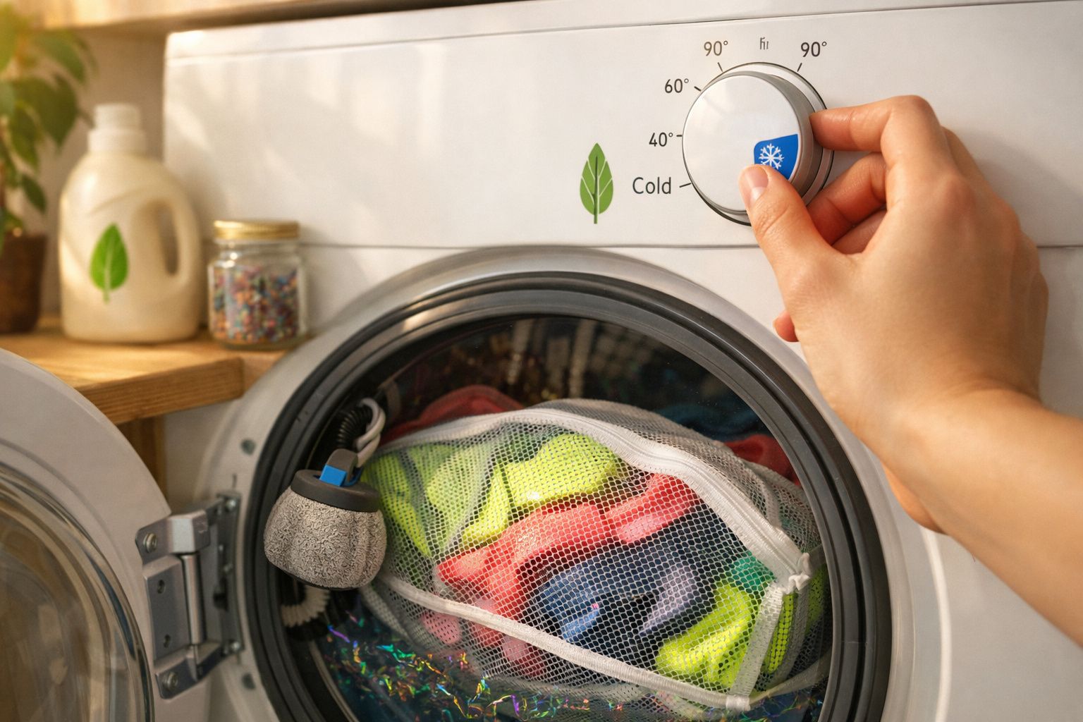 Máquina de lavar roupa com porta aberta e roupa colorida dentro, mão a ajustar termostato para roupa fria.