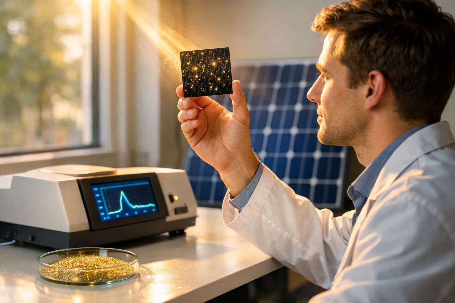Homem de bata branca analisa painel solar numa sala com equipamento de laboratório iluminado pelo sol.
