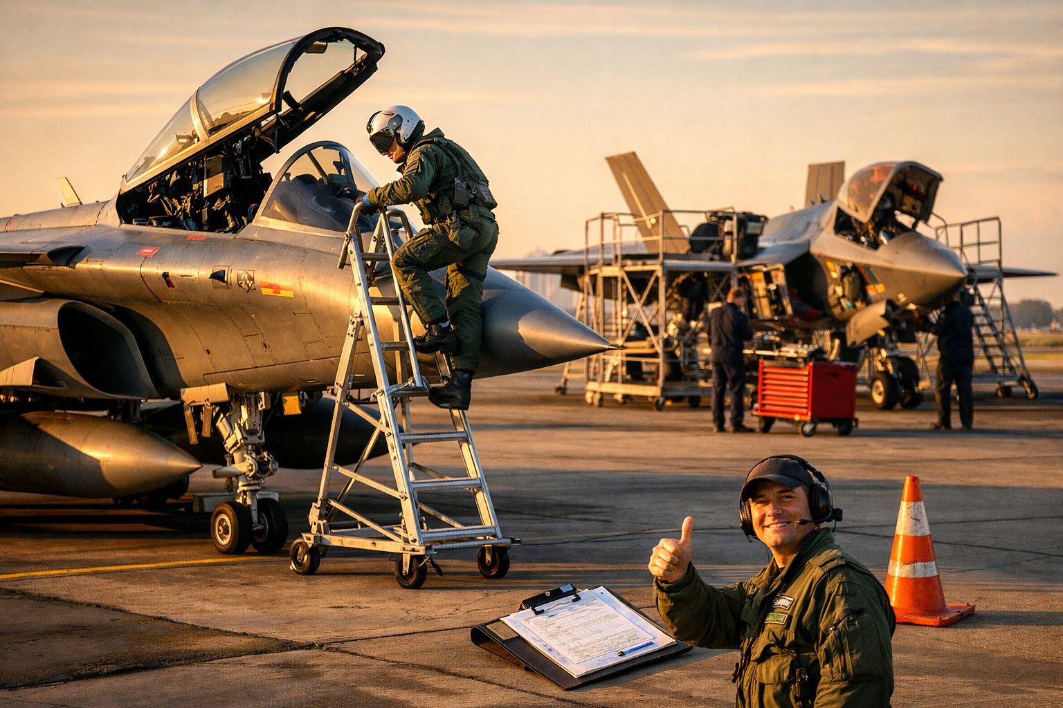 Piloto a entrar num caça militar enquanto técnico faz sinal de aprovação na pista ao pôr do sol.