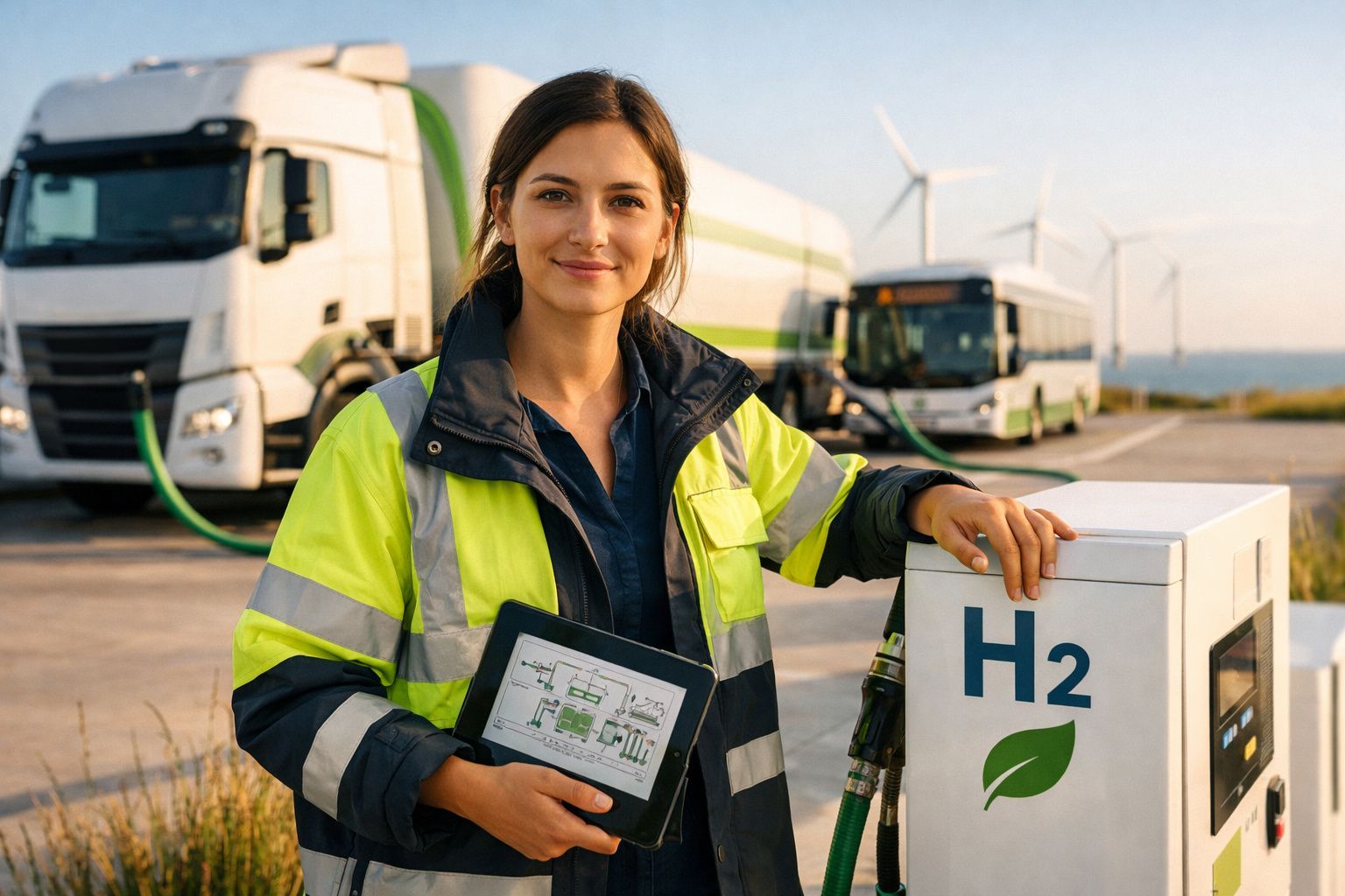 Mulher com colete refletor junto a bomba de hidrogénio, autocarro e camião elétricos ao fundo.