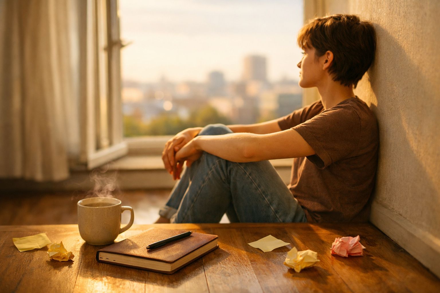 Pessoa sentada no chão junto a uma parede, olhando pela janela, com chá, caderno e notas na mesa.